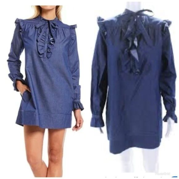 LDT Dresses & Skirts - Ldt Womens Chambray Ruffled V-Neck
1/2 Button Up Shirt Shift Dress 10
Medium